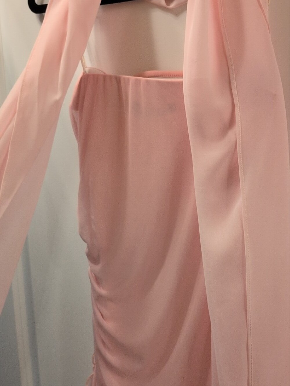 Mariposa Light Pink Strapless Floral Chiffon Evening Gown with Scarf - Picture 9 of 10